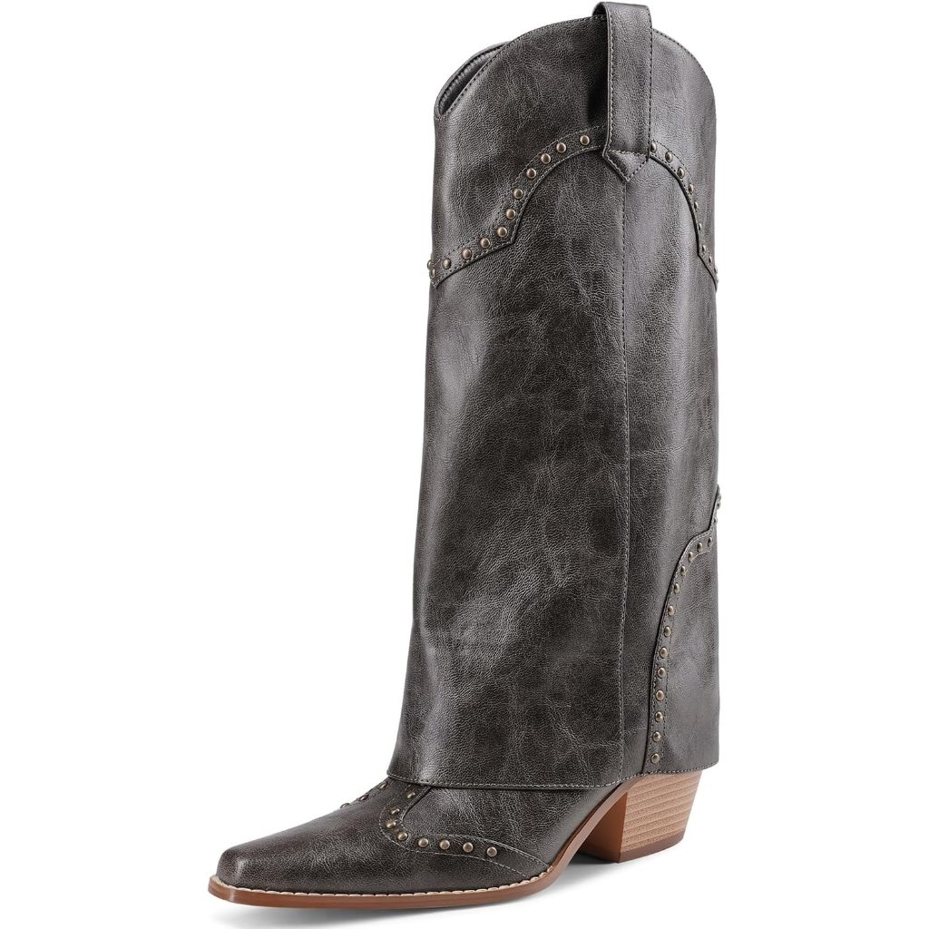 Women's Grey Shark Boots Fold Over Mid Calf Chunky Heel Snip Toe Cowboy